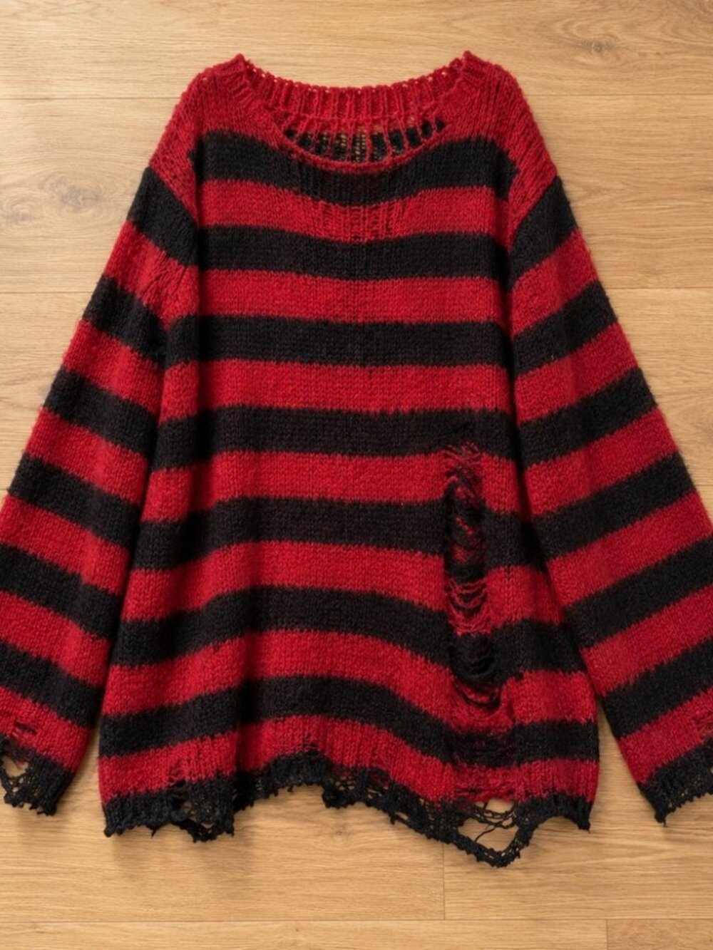 Red and black striped distressed sweater - oversized grunge punk knit